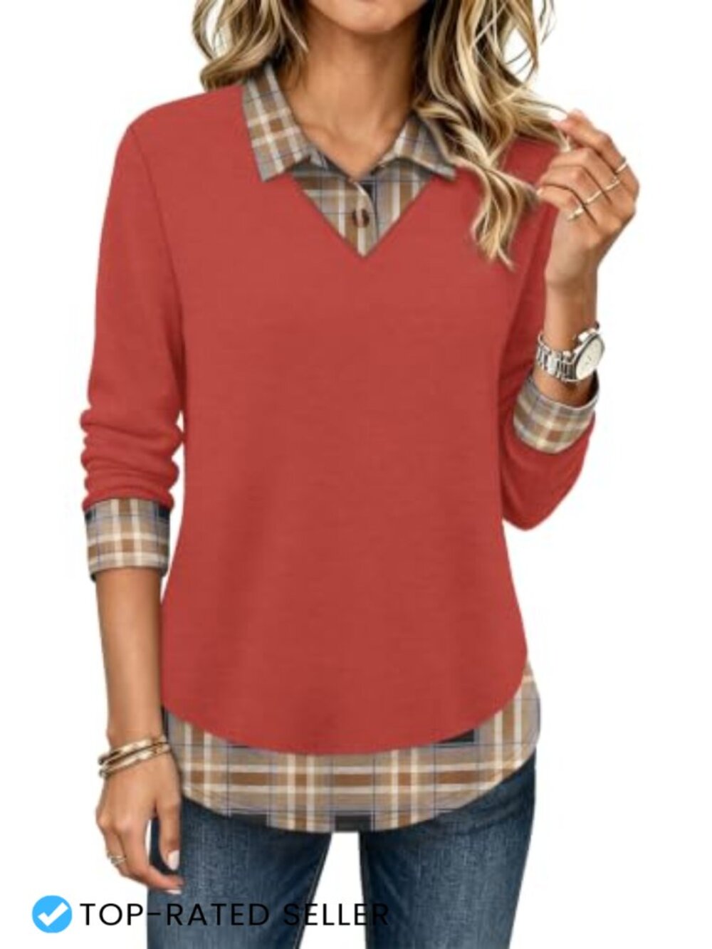 Women's Long Sleeve Tunic Polo Shirt with Mock Layered Hem